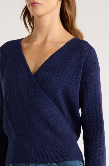 Surplice V-Neck Cotton Blend Pointelle Sweater