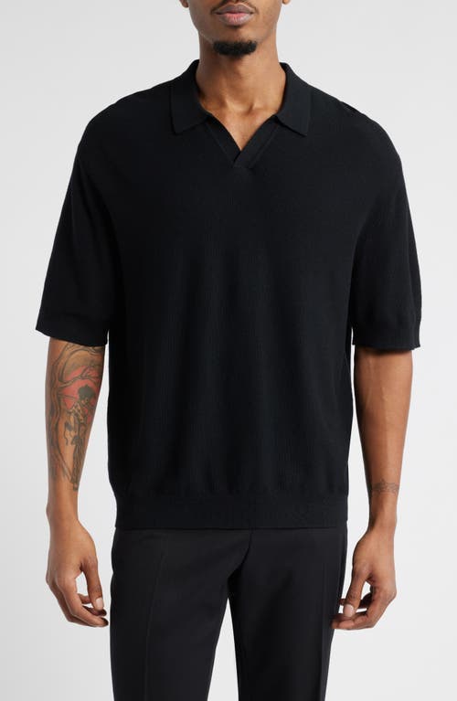 Open Edit Textured Stitch Short Sleeve Polo Sweater In Black