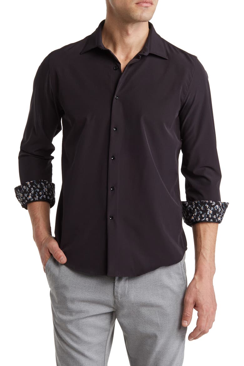 Dressy Solid Stretch Button-Up Tech Shirt, Main, color, BLACK