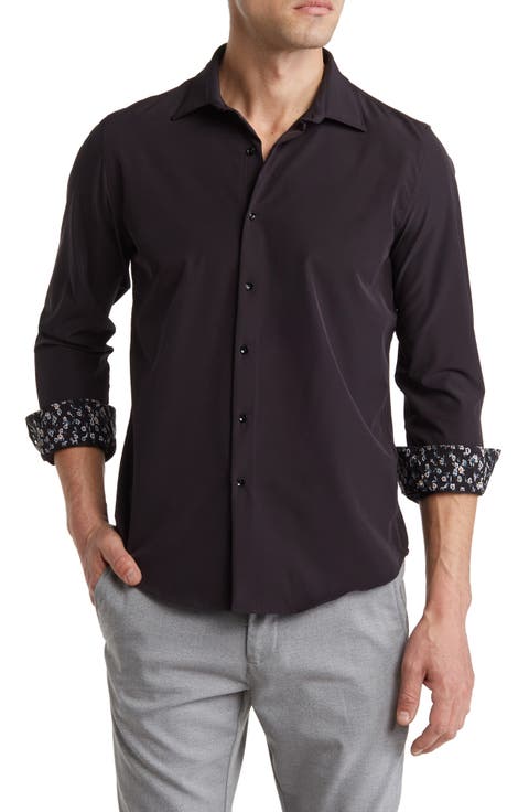 Dressy Solid Stretch Button-Up Tech Shirt