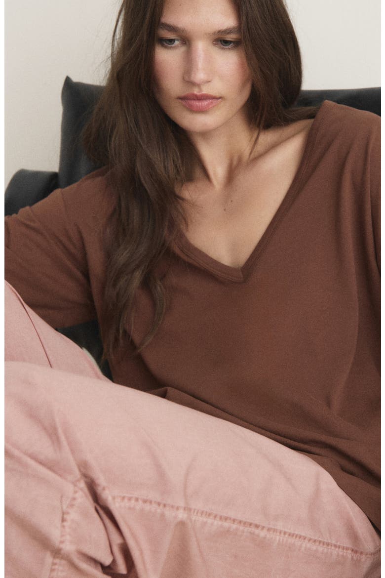 Long Sleeve Cotton V-Neck Pajama Top, Alternate, color, BROWN