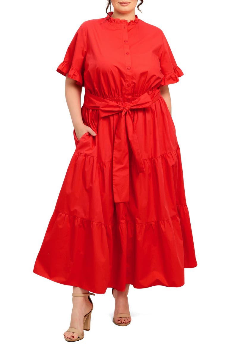 Solid Ruffle Short Sleeve Tiered Cotton Dress, Main, color, ORANGE RED