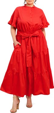FLYING TOMATO Solid Ruffle Short Sleeve Tiered Cotton Dress
