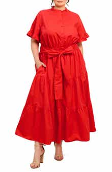 FLYING TOMATO Solid Ruffle Short Sleeve Tiered Cotton Dress