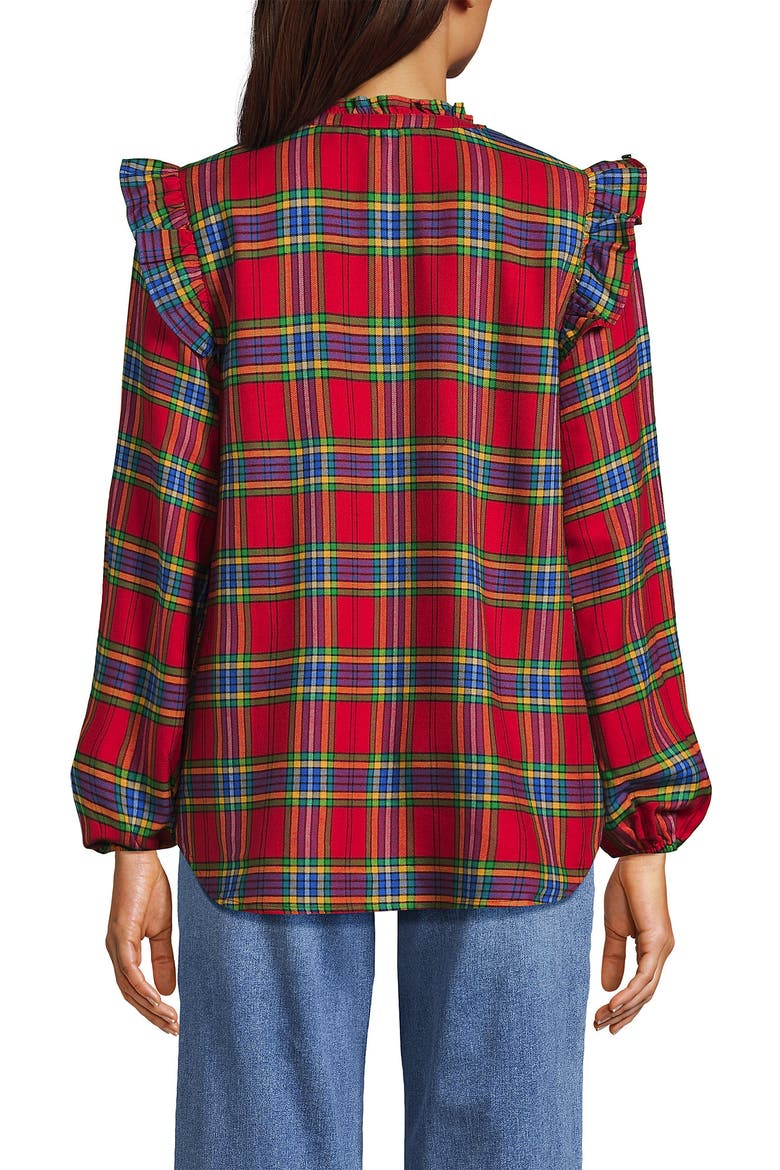 Ruffle Front Flannel Popover Blouse, Alternate, color, Red/Nautical Blue Plaid