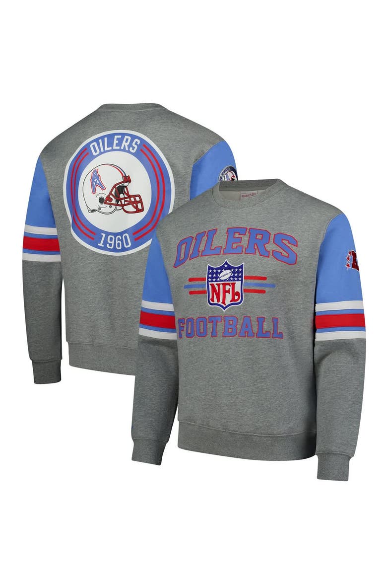 Men's Mitchell & Ness Heather Gray Houston Oilers All Over 4.0 Vintage Logo Pullover Sweatshirt, Main, color, Heather Gray