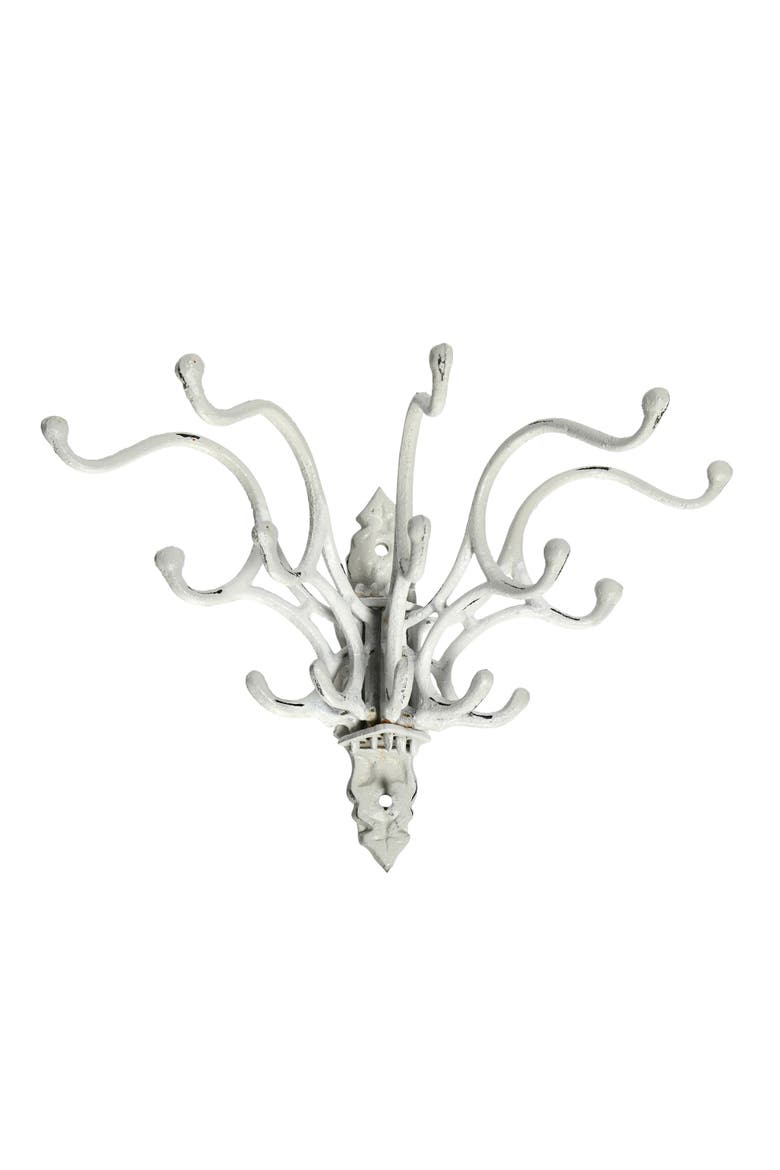 Antique Decorative Cast Iron Multi Hook Wall Hanger with 15 Hooks, Distressed White, Main, color, White
