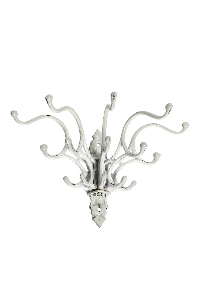 Storied Home Antique Decorative Cast Iron Multi Hook Wall Hanger with 15 Hooks, Distressed White, Main, color, White