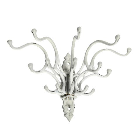 Antique Decorative Cast Iron Multi Hook Wall Hanger with 15 Hooks, Distressed White
