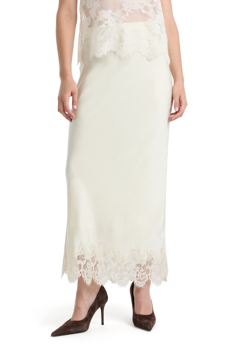 Bardot Elisan Lace Trim Satin Midi Skirt, Main, color, Ivory