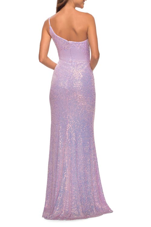 La Femme Bright Simple One Shoulder Long Sequin Evening Gown In Light Periwinkle