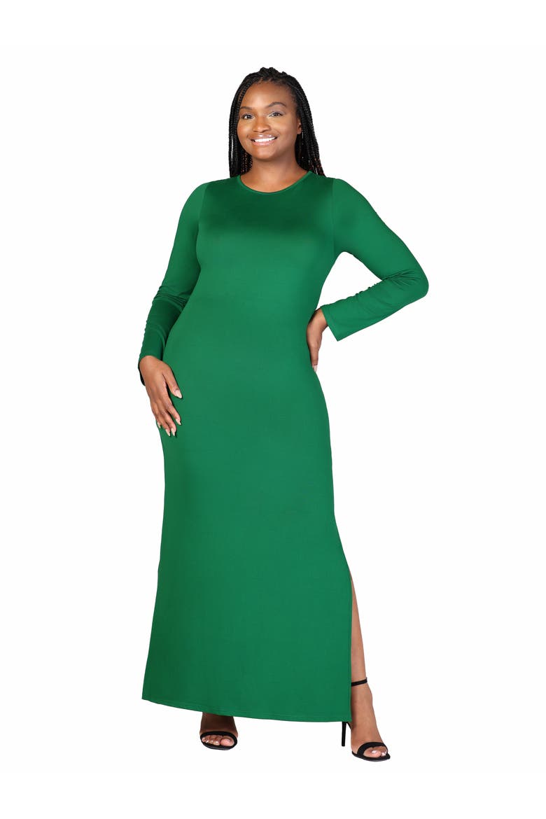 Plus Size Long Sleeve Side Slit Fitted Black  Maxi Dress, Main, color, Emerald
