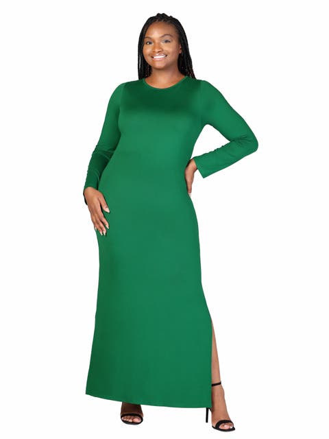 Plus Size Long Sleeve Side Slit Fitted Black  Maxi Dress