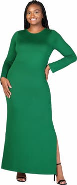 24seven Comfort Apparel Plus Size Long Sleeve Side Slit Fitted Black Maxi Dress