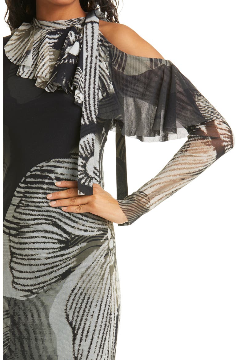 Floral Print Ruffle One-Shoulder Long Sleeve Tulle Dress, Alternate, color, NERO