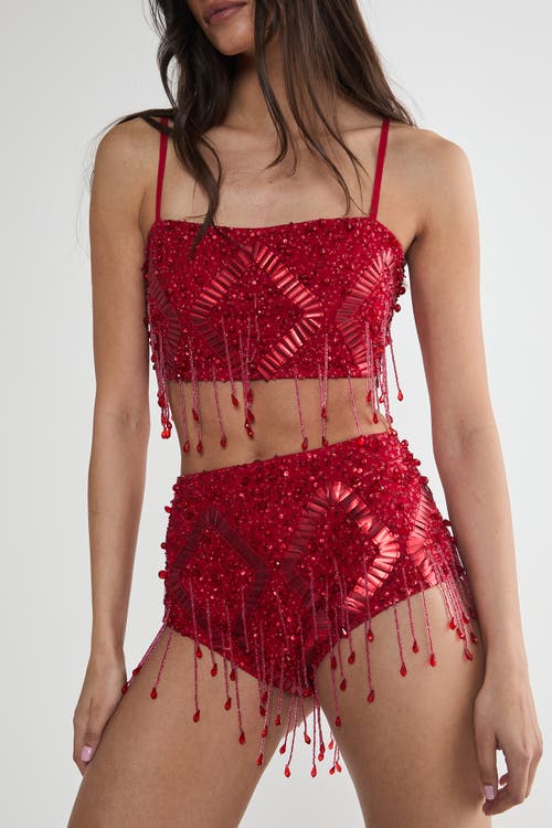 Nasty Gal Embellished Tassel Beaded Booty Shorts In Red