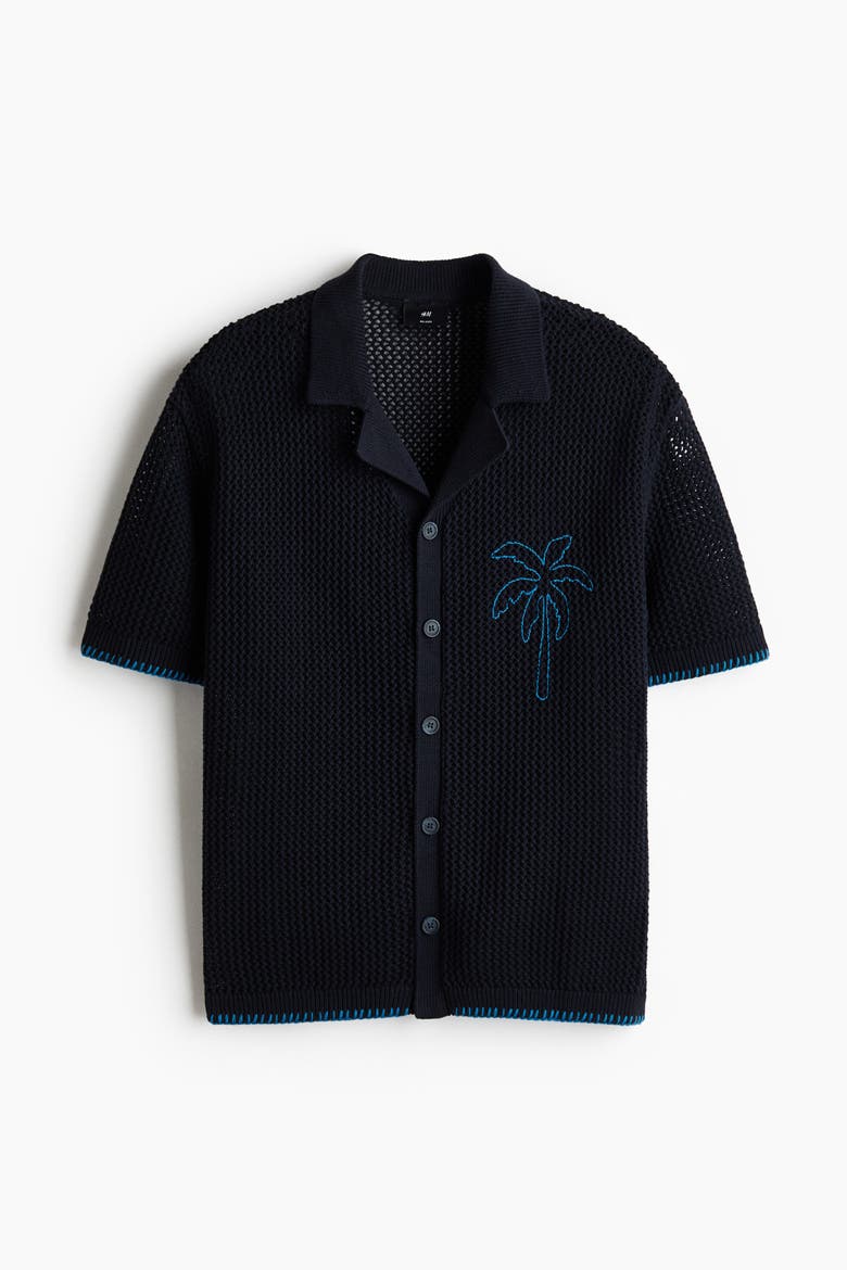 Relaxed Fit Hole-knit Resort Shirt, Alternate, color, Navy blue/palm tree