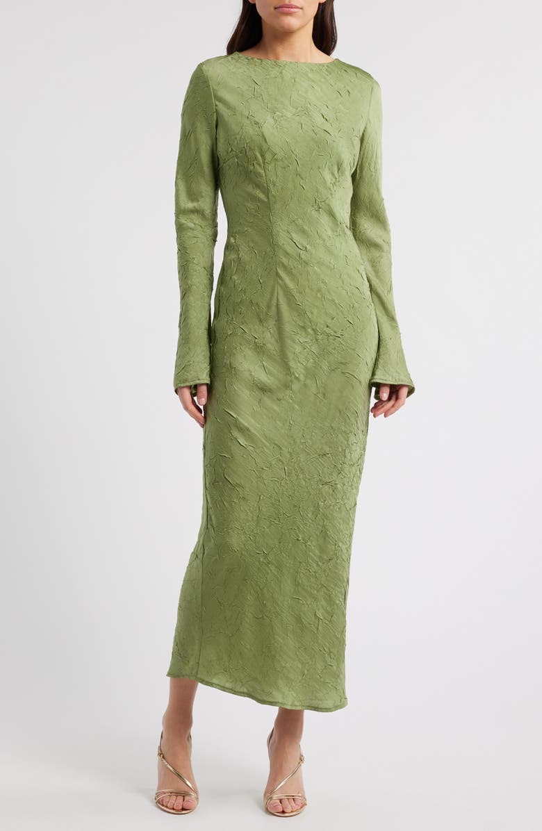 Rare London Crinkle Effect Long Sleeve Dress, Main, color, Olive
