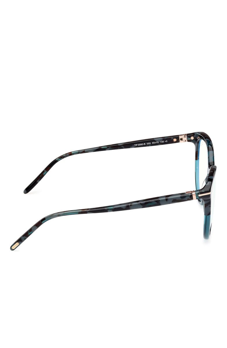TOM FORD 55mm Round Blue Light Blocking Glasses, Alternate, color, Havana / Teal / T Logo