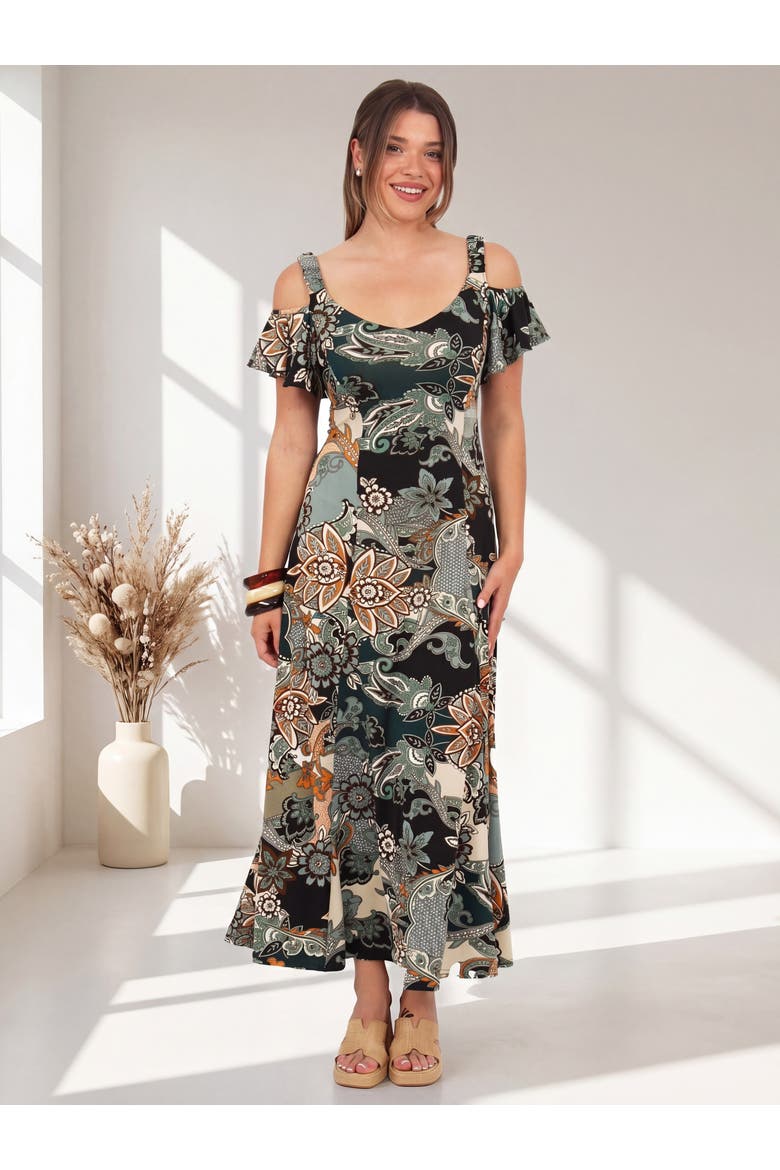 Womens Elevate Soft V-Neck Cold Sholder Ruffle Sleeve Wide A-Line Maxi Dress, Alternate, color, Green Multi