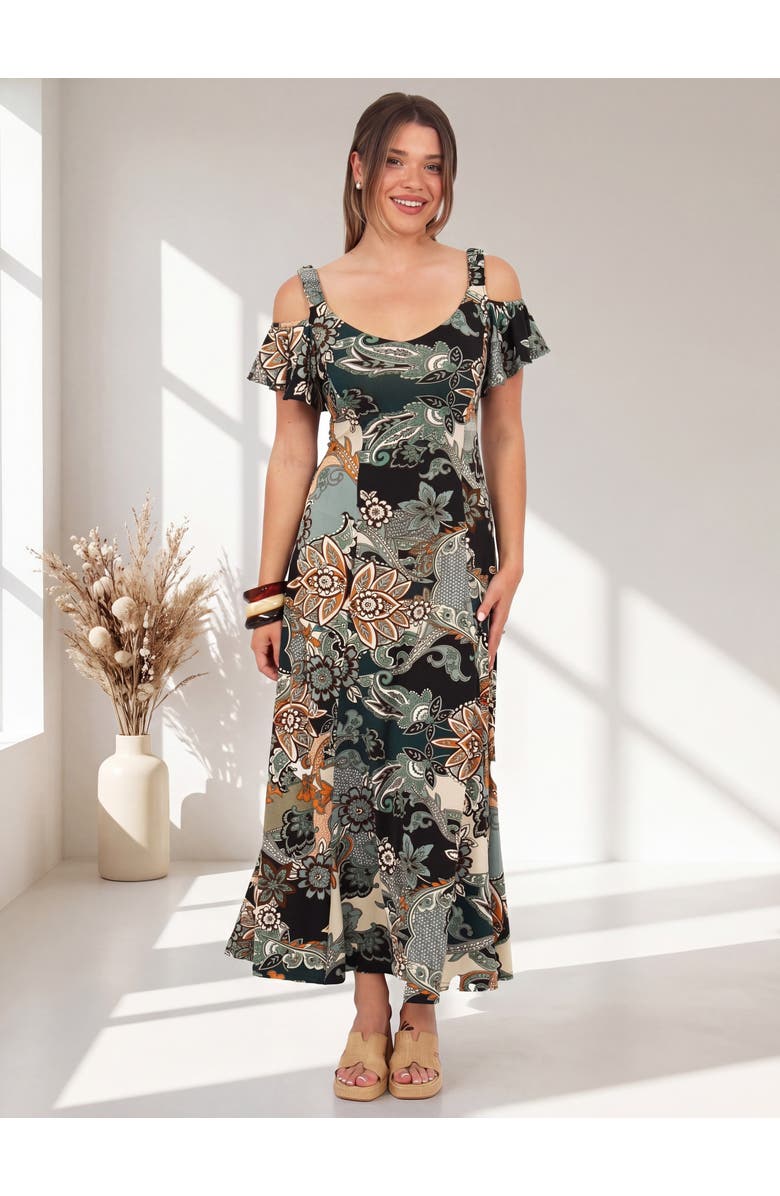 24seven Comfort Apparel Womens Elevate Soft V-Neck Cold Sholder Ruffle Sleeve Wide A-Line Maxi Dress, Alternate, color, Green Multi
