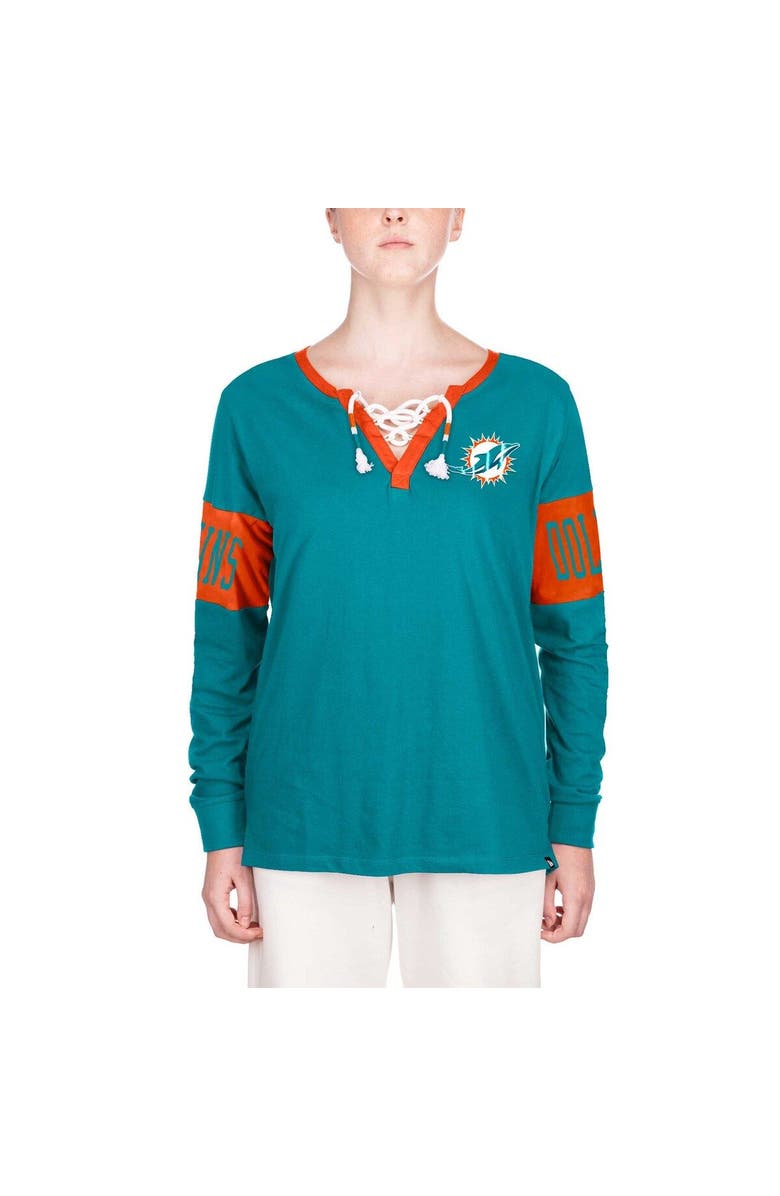 New Era Women's New Era Aqua Miami Dolphins Lace-Up Notch Neck Long Sleeve T-Shirt, Alternate, color, 