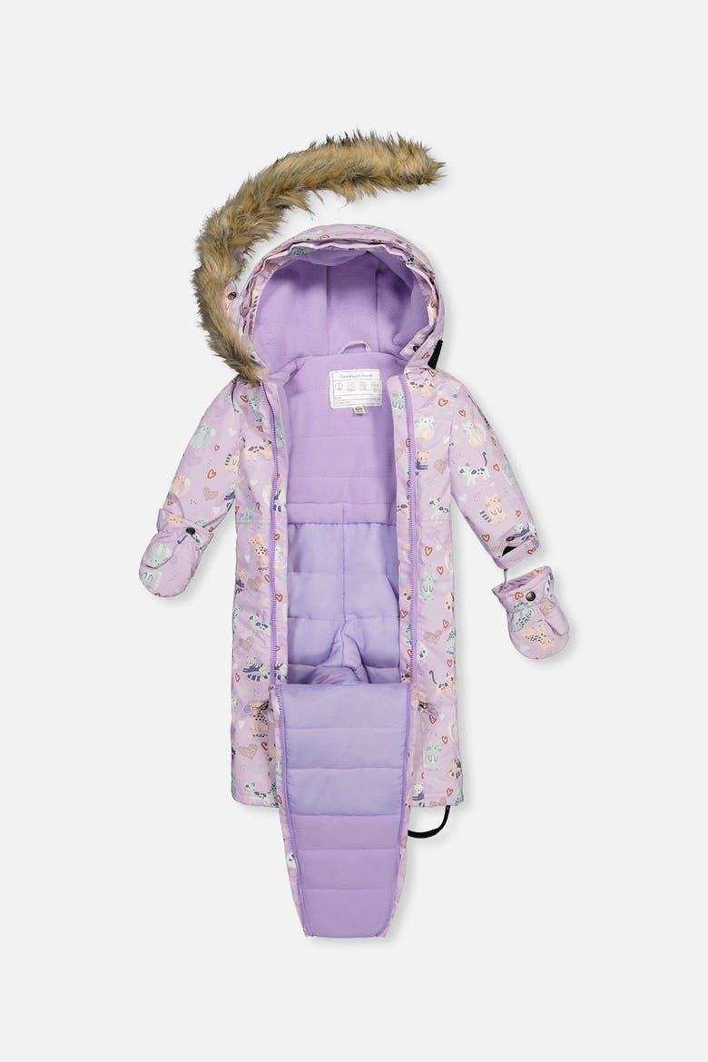 Play Cat Faux Fur Hood Car Seat One Piece Snowsuit, Alternate, color, Purple Printed Cats