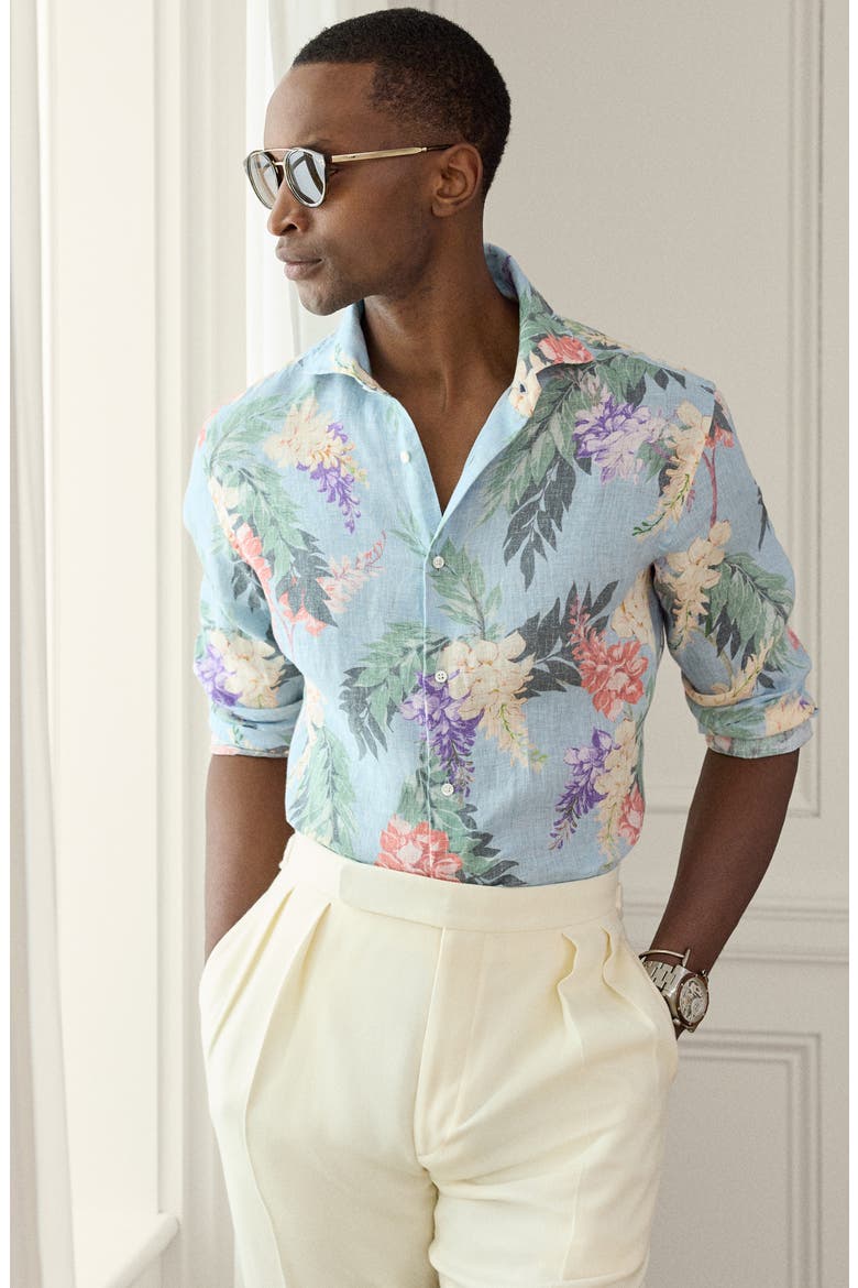 Palma Floral Linen Button-Up Shirt, Alternate, color, BLUE MULTI
