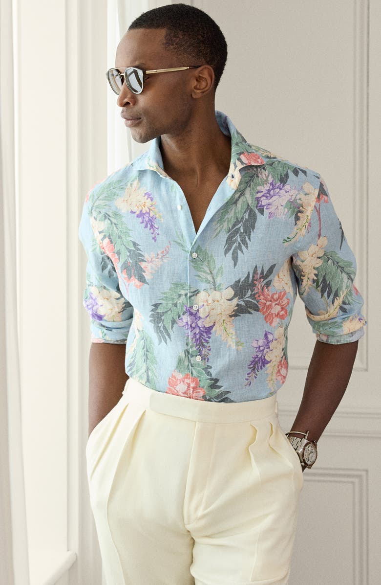 Ralph Lauren Purple Label Palma Floral Linen Button-Up Shirt, Alternate, color, Blue Multi