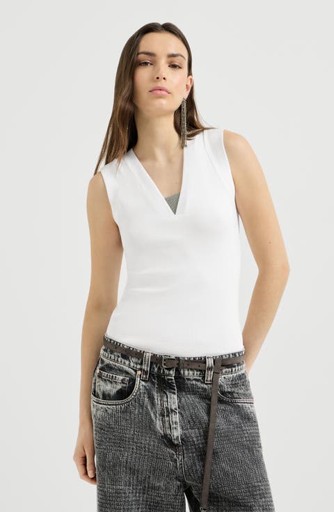 Stretch cotton jersey T-shirt with precious faux-layering