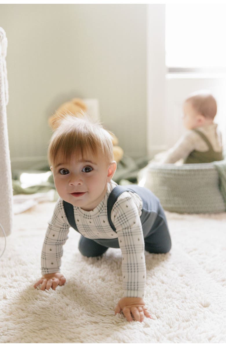 Ely's & Co. Cotton Floral Plaid Collection - Bodysuit + Overalls, Alternate, color, Ivory/Blue