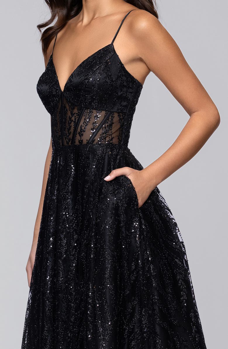 Blondie Nites Sequin Corset Bodice Gown, Alternate, color, Black
