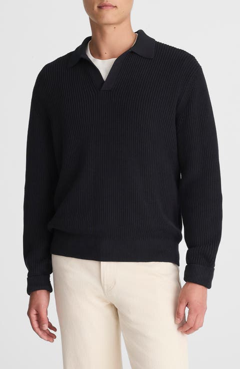 Cotton Shaker Stitch Johnny Collar Polo Sweater