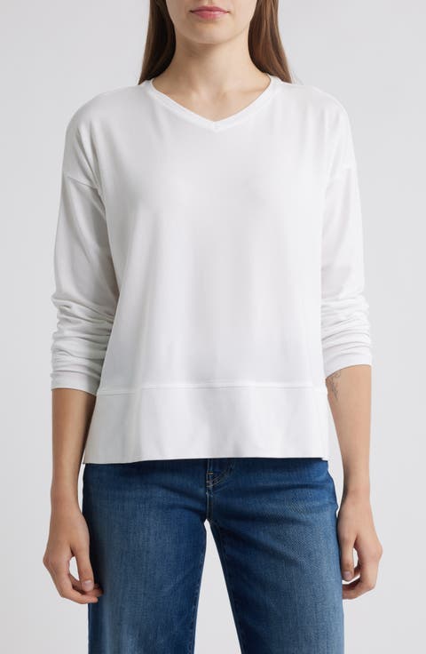 Eileen Fisher  V Neck Long Sleeve Tee レディース シャツ トップス White EILEEN FISHER Top Size Medium White Long Sleeve V-Neck T