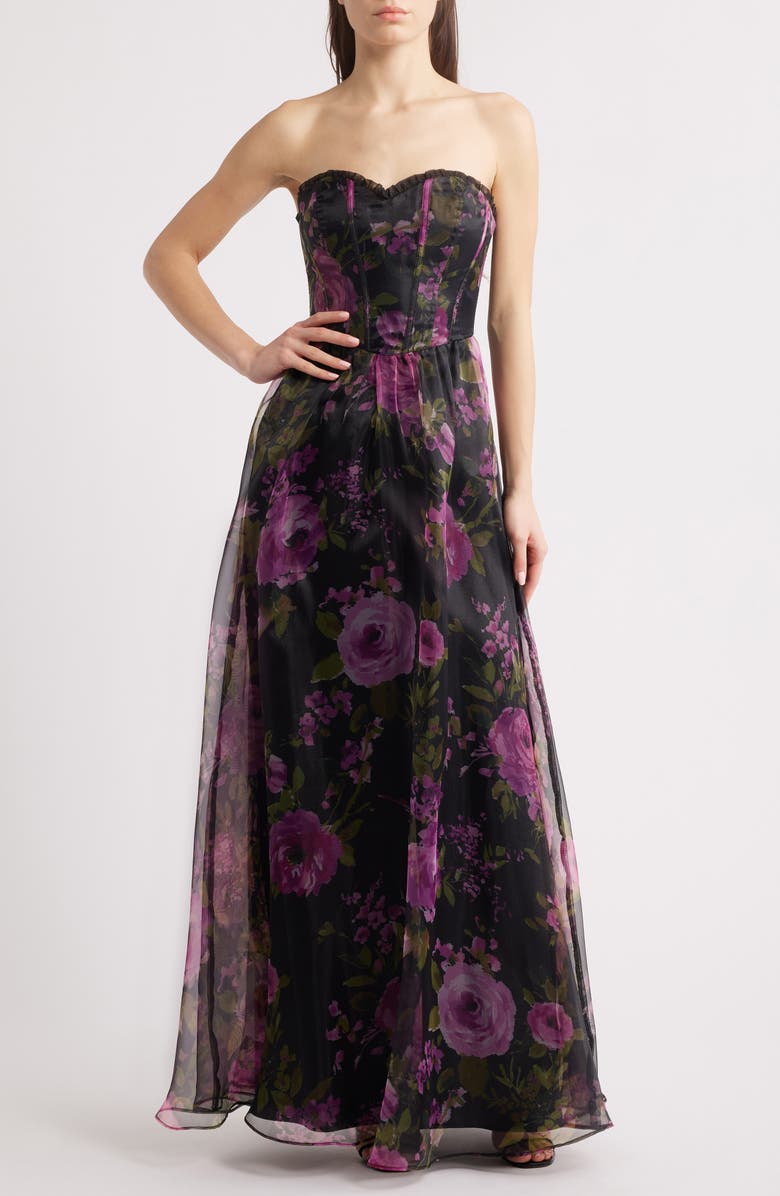 Lulus Hadley Floral Print Strapless Gown, Main, color, Black/ Fuchsia Multi
