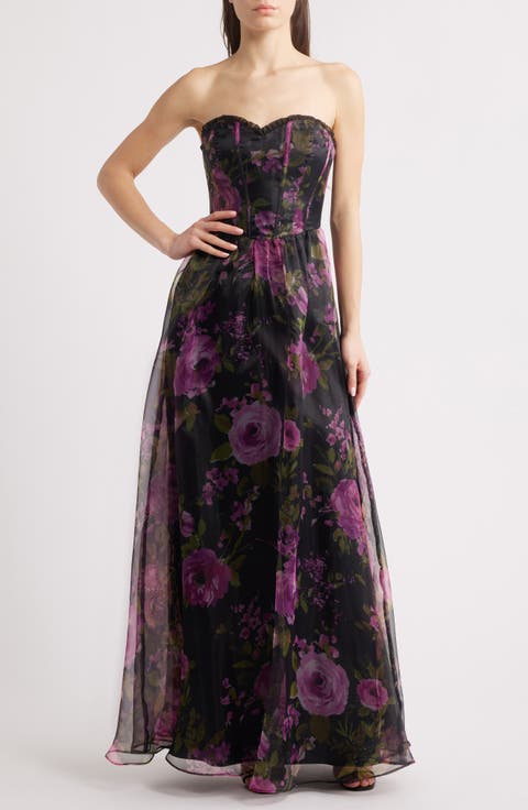 Hadley Floral Print Strapless Gown