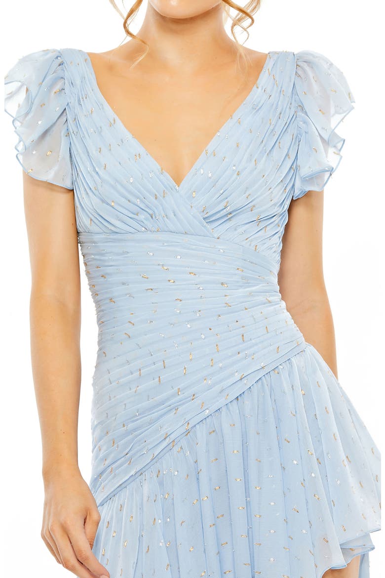 Printed Short Flutter Sleeve Asymmetrical Ruched Hem Gown, Alternate, color, ICE BLUE