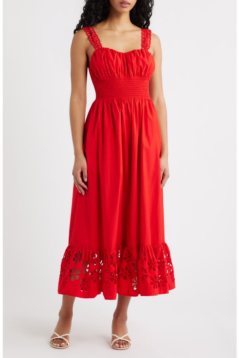 red smocked dress womens Allyn Red Smocked Midi Dress