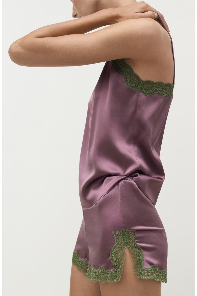 Contrast Lace Trim Stretch Silk Pajama Shorts, Alternate, color, PLUM
