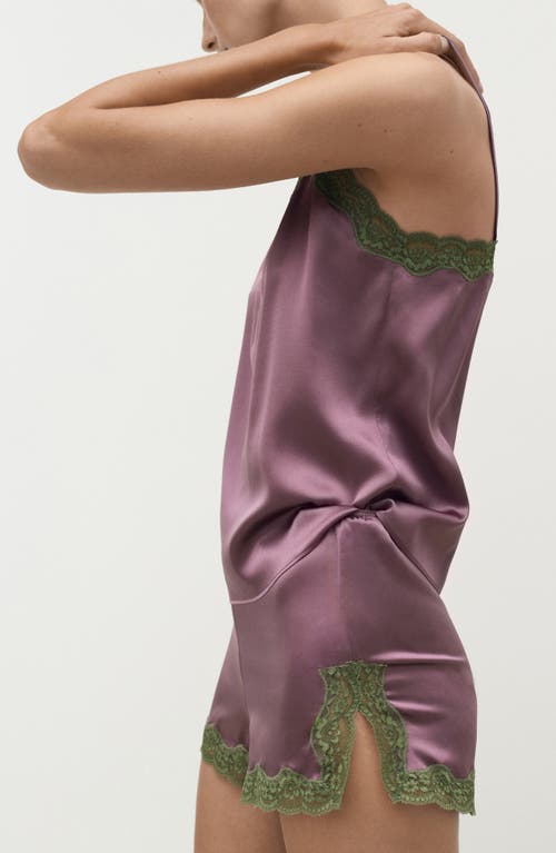 Mango Contrast Lace Trim Stretch Silk Pajama Shorts In Purple