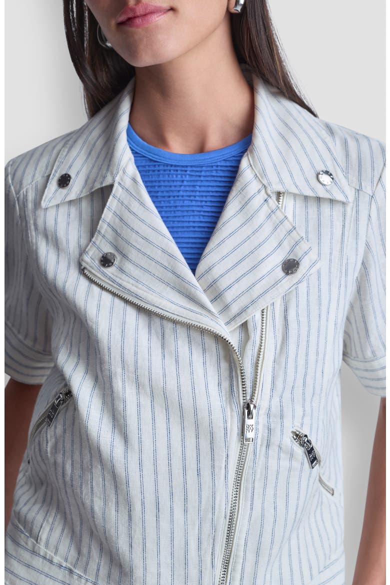 Ticking Stripe Short Sleeve Linen Blend Moto Jacket, Alternate, color, IVORY/ADMIRAL