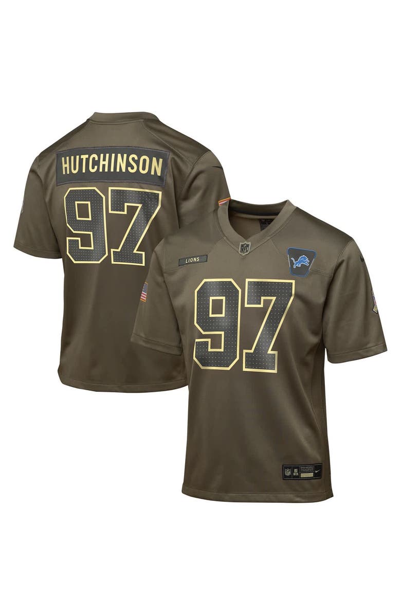 Nike Youth Nike Aidan Hutchinson Olive Detroit Lions 2025 Salute to Service Game Jersey, Main, color, Olive