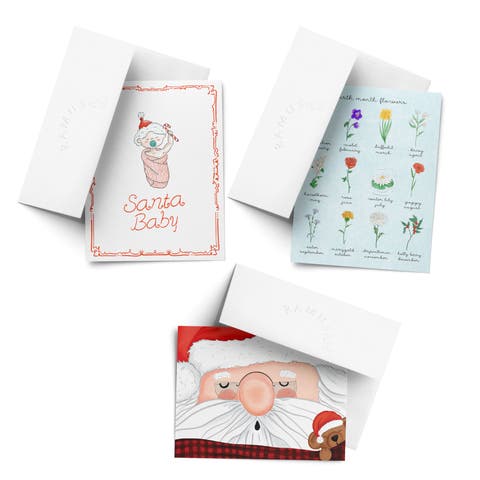 Santa Baby, Birth Month Flower, Santa's Nap Winter/Holiday/Christmas Greeting Card Pack Sets (3 ct, Assorted)