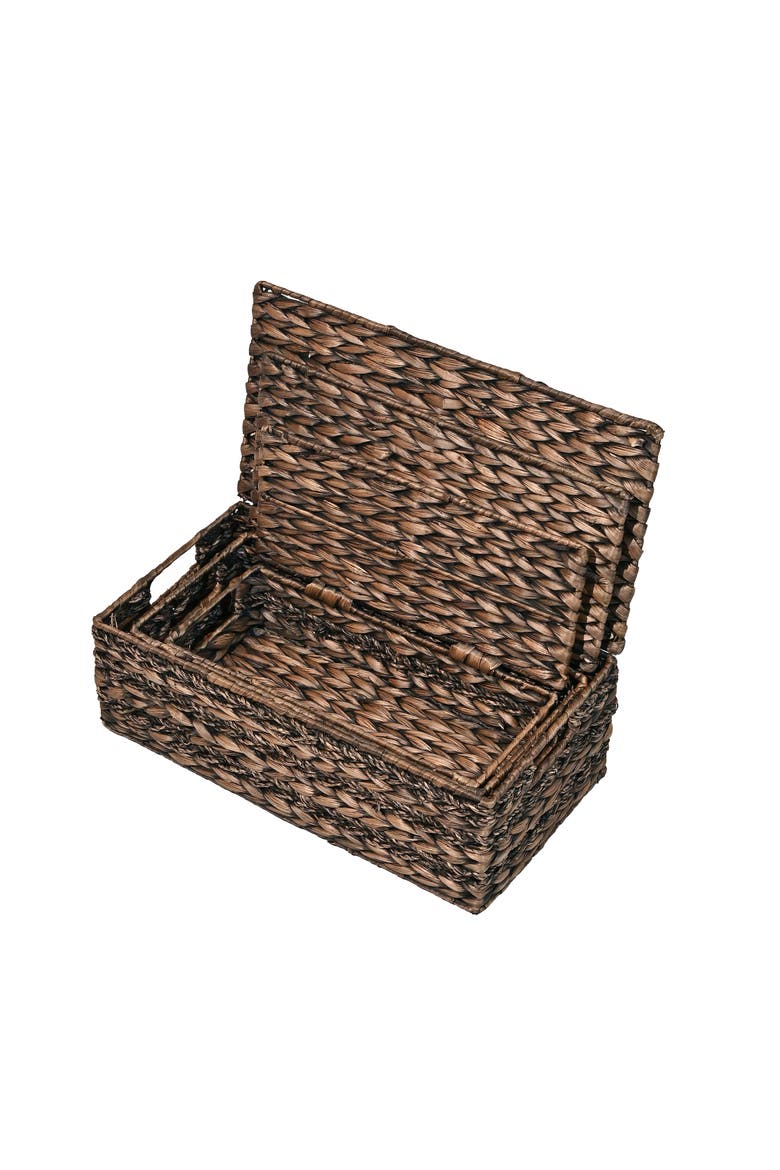 Sandrine Classic Farmhouse Hand-Woven Hyacinth Storage Baskets with Handles and Lids, Alternate, color, Brown