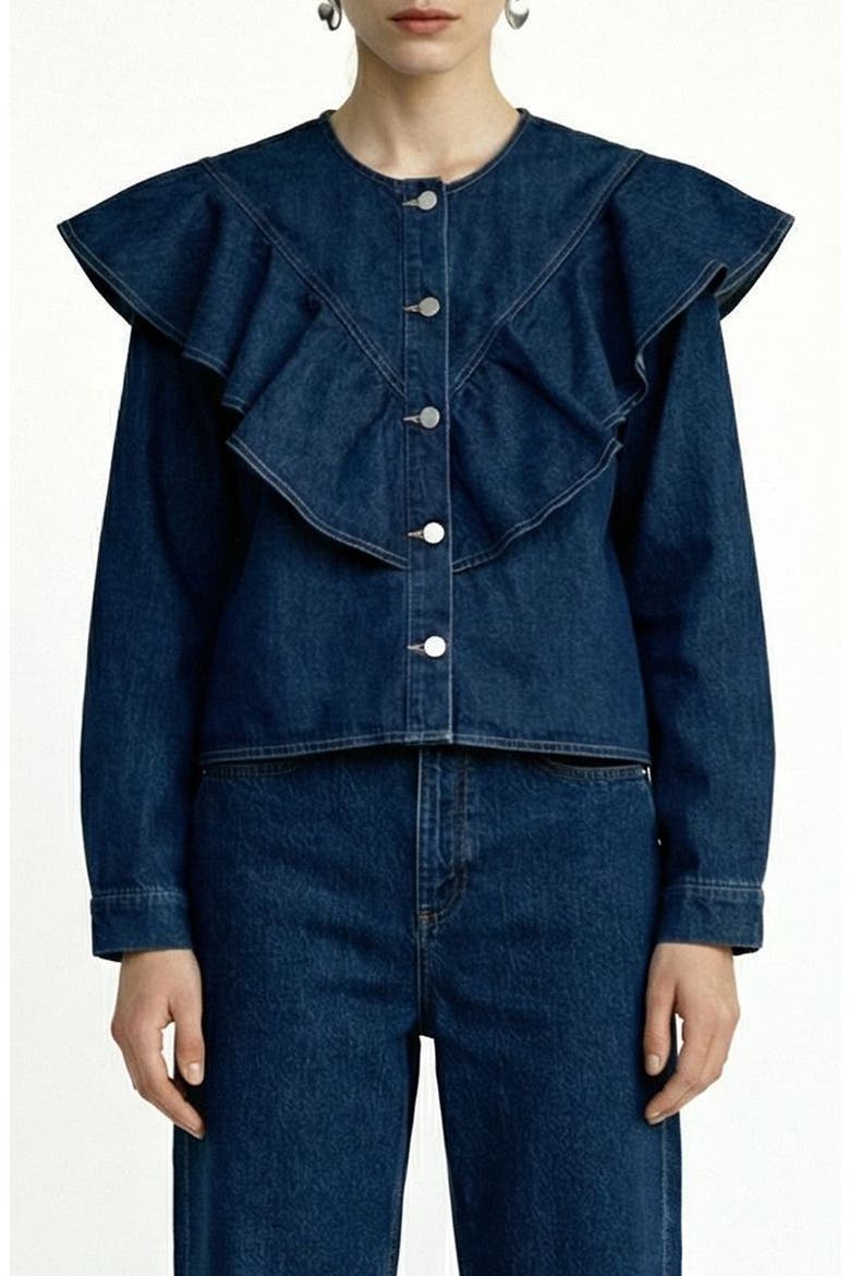 Fia Ruffle Placket Denim Button-Up Shirt, Main, color, MEDIUM BLUE DENIM