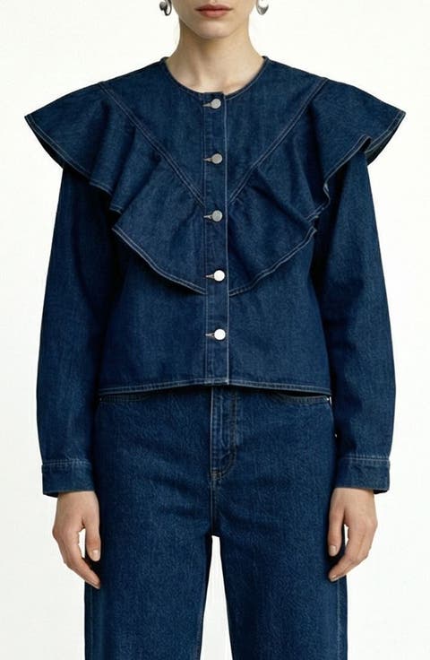 Fia Ruffle Placket Denim Button-Up Shirt