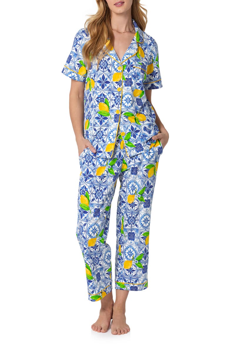 Print Stretch Organic Cotton Jersey Crop Pajamas, Main, color, AZURE SUMMER