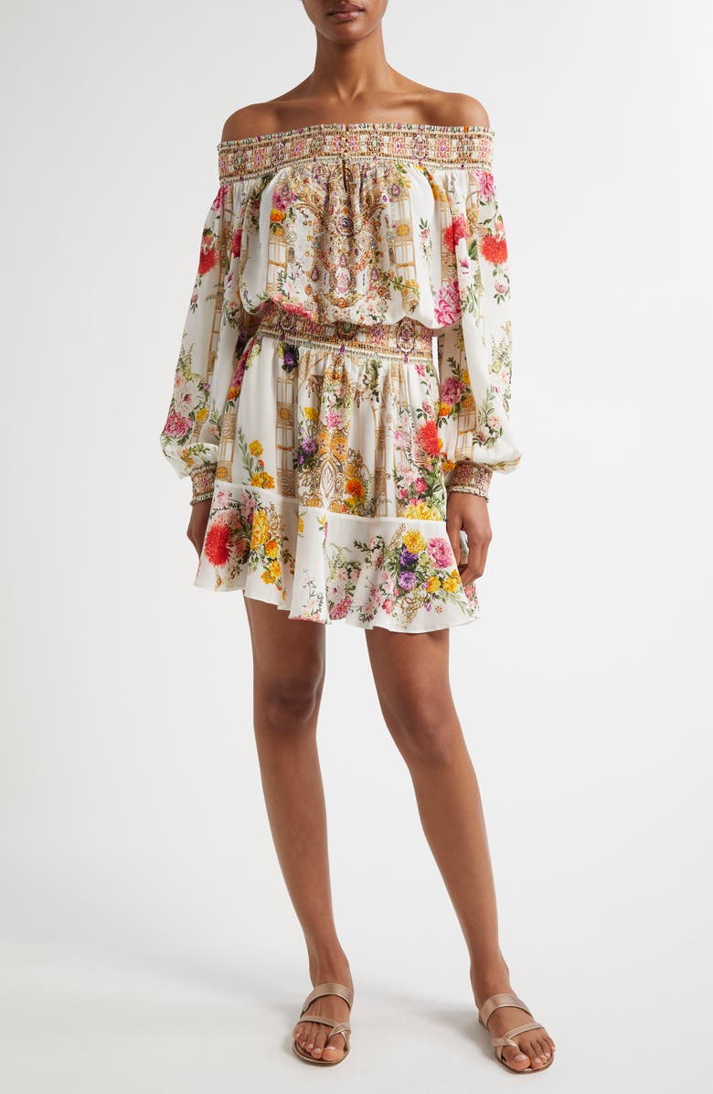Camilla Egyptian Rose Print Off the Shoulder Long Sleeve Silk Crepe Minidress, Main, color, 