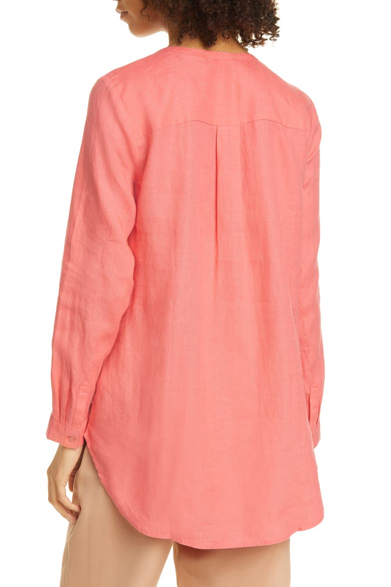 Collarless Organic Linen Button-Up Shirt, Alternate, color, PINK GRAPEFRUIT