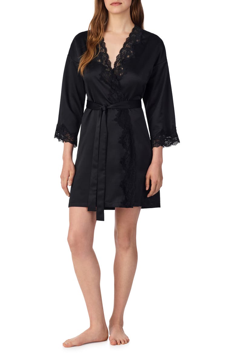 Lace Trim Satin Robe, Main, color, BLACK